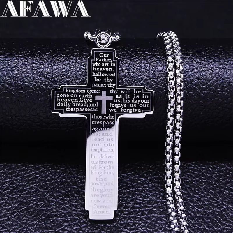 Christian Bible Cross Chain Necklace Stainless Steel Big Pendant Necklace Men'S Religious Prayer Jewelry Corrente Masculina