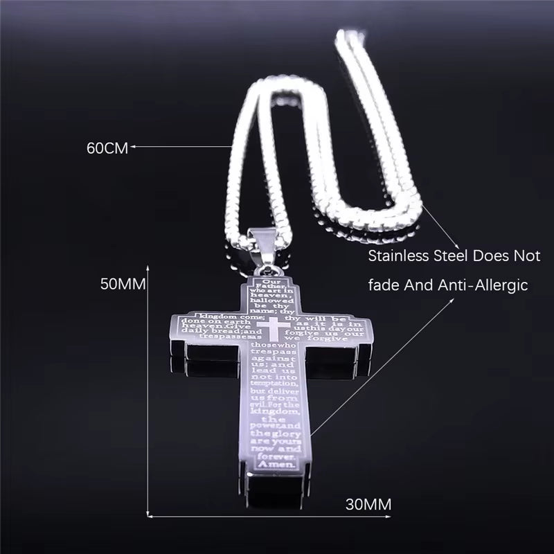 Christian Bible Cross Chain Necklace Stainless Steel Big Pendant Necklace Men'S Religious Prayer Jewelry Corrente Masculina