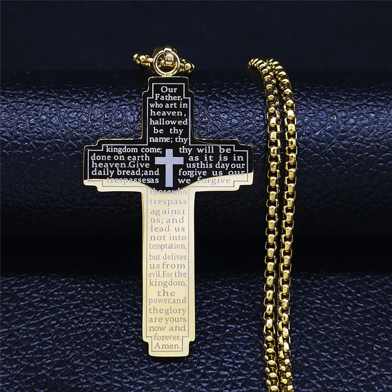 Christian Bible Cross Chain Necklace Stainless Steel Big Pendant Necklace Men'S Religious Prayer Jewelry Corrente Masculina