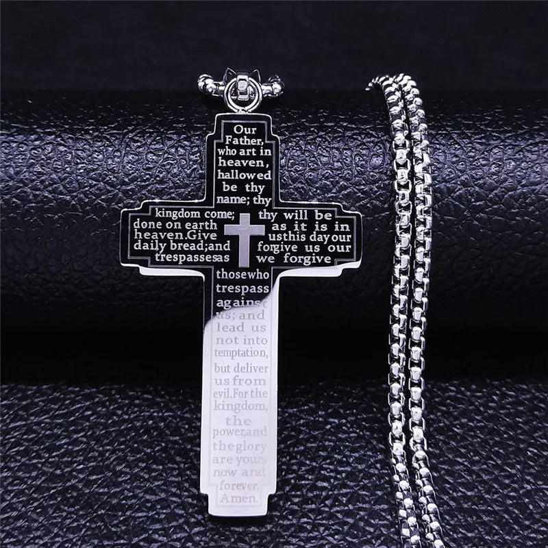 Christian Bible Cross Chain Necklace Stainless Steel Big Pendant Necklace Men'S Religious Prayer Jewelry Corrente Masculina