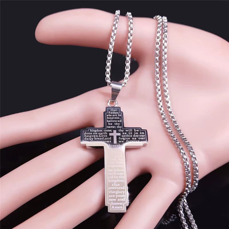 Christian Bible Cross Chain Necklace Stainless Steel Big Pendant Necklace Men'S Religious Prayer Jewelry Corrente Masculina