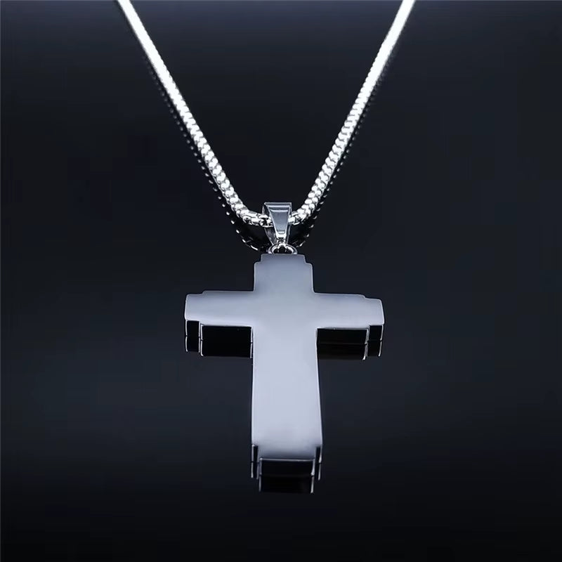 Christian Bible Cross Chain Necklace Stainless Steel Big Pendant Necklace Men'S Religious Prayer Jewelry Corrente Masculina
