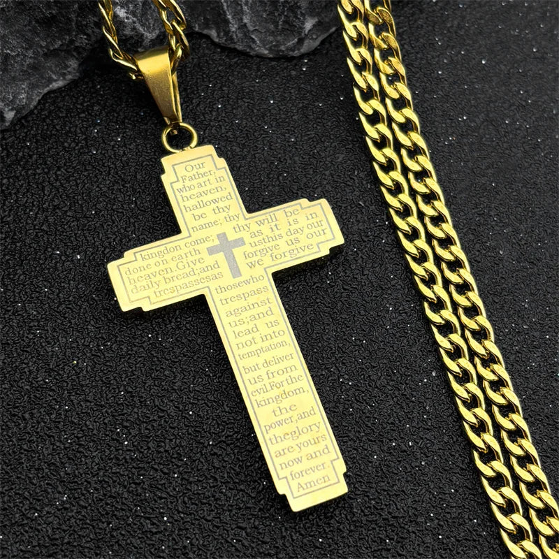 Christian Bible Cross Chain Necklace Stainless Steel Big Pendant Necklace Men'S Religious Prayer Jewelry Corrente Masculina