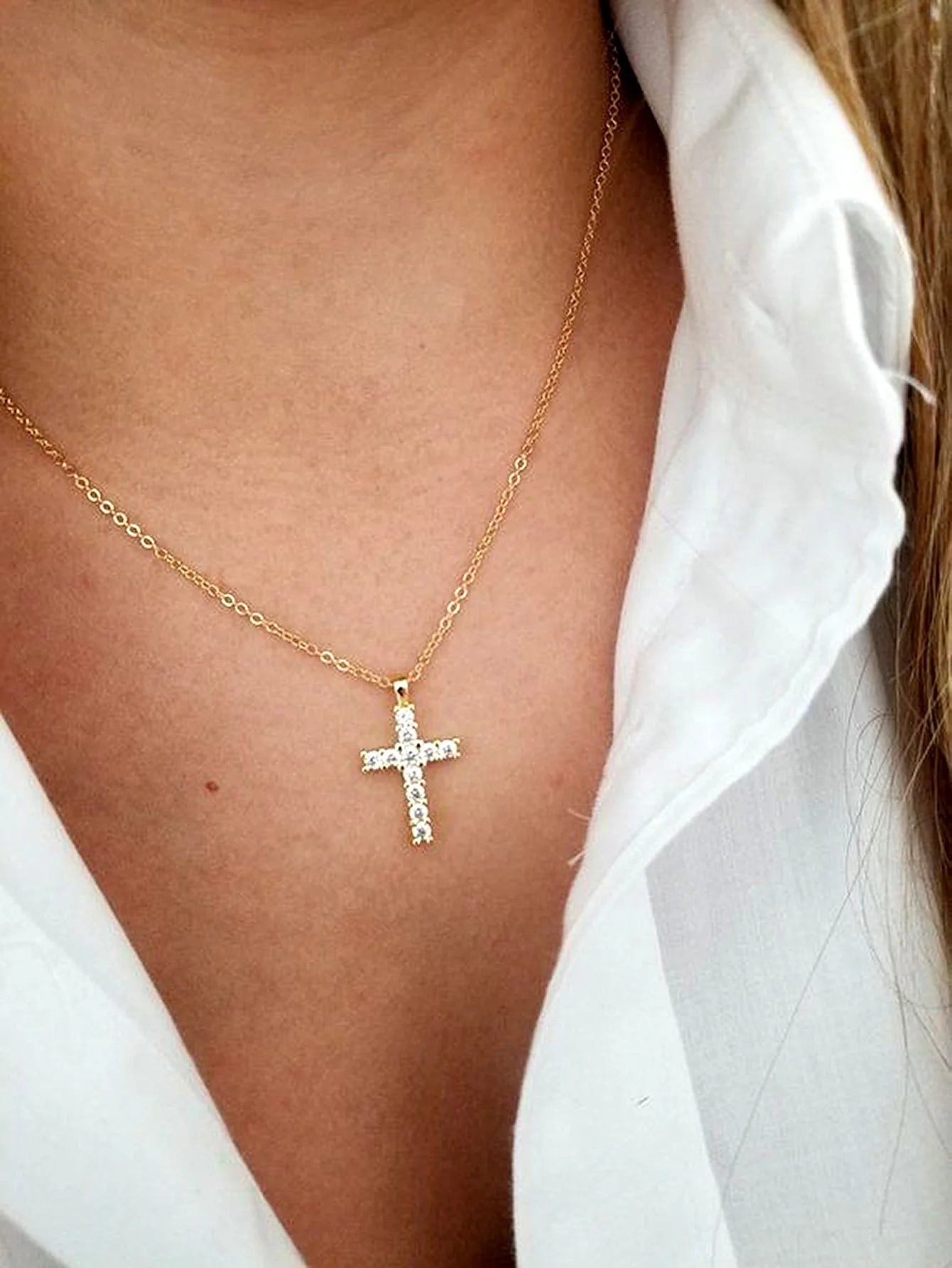 Gold Cross Necklace with Zircon – Long Chain Jewelry for Women