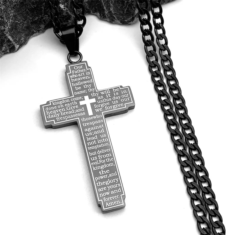 Christian Bible Cross Chain Necklace Stainless Steel Big Pendant Necklace Men'S Religious Prayer Jewelry Corrente Masculina