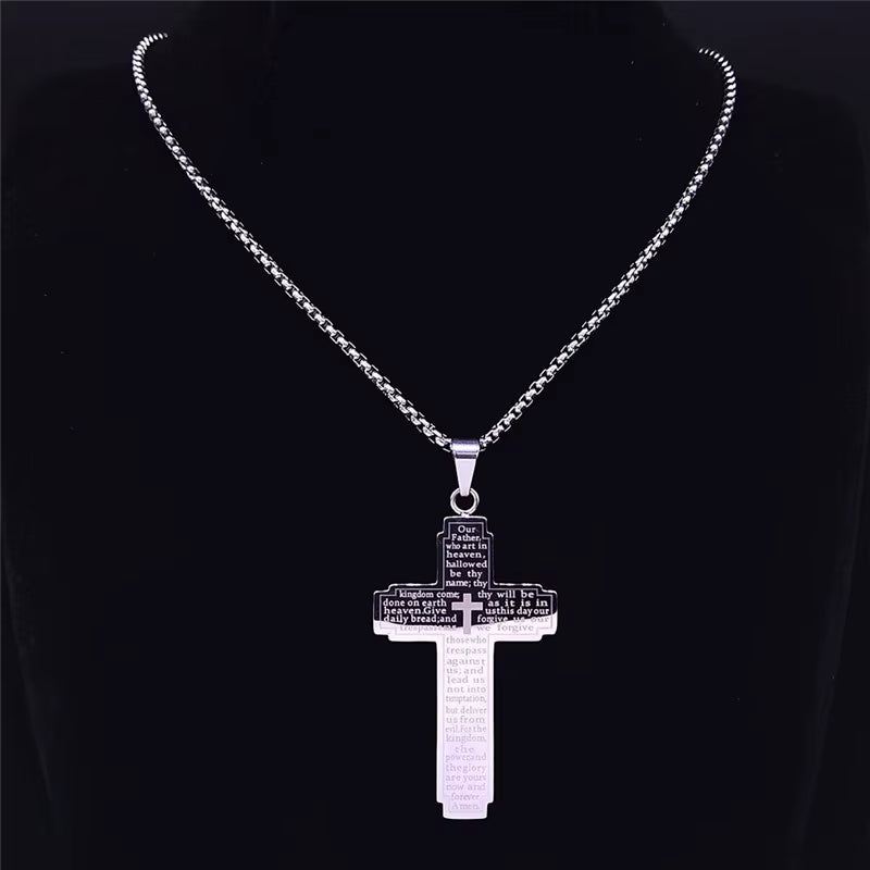 Christian Bible Cross Chain Necklace Stainless Steel Big Pendant Necklace Men'S Religious Prayer Jewelry Corrente Masculina